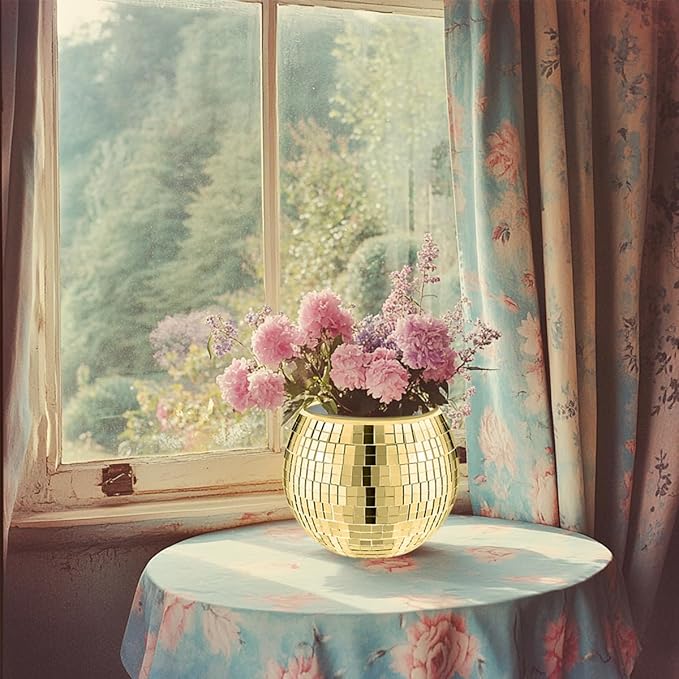 2 Pcs Disco Ball Vase,5 x 6 Inch Mirrored Disco Ball Planter,Disco Ball Candle Holders Perfect Disco Decorative Planters for Living Room Bedroom Table Wedding Party Birthday(Gold)-VerdiqueGarden