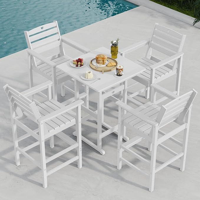 5-Piece Bar Height Patio Table and Chairs Set, HDPE Wood Grain Outdoor Bar Table and Chairs with Heart Cutout Design, Weather-Resistant Bar Height Furniture for Deck, Porch, Pool (White)-VerdiqueGarden