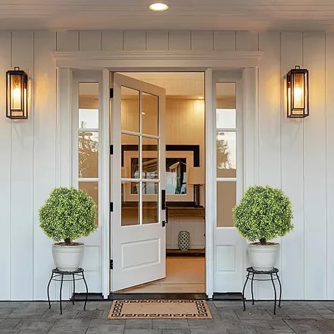 THE BLOOM TIMES 2ft Boxwood Topiary Ball Trees Artificial Outdoor Set of 2, 24" Faux Evergreen Plants Outside UV Resistant Greenery, Fake Potted Bushes and Shrubs for Front Porch Planter Patio Decor-VerdiqueGarden