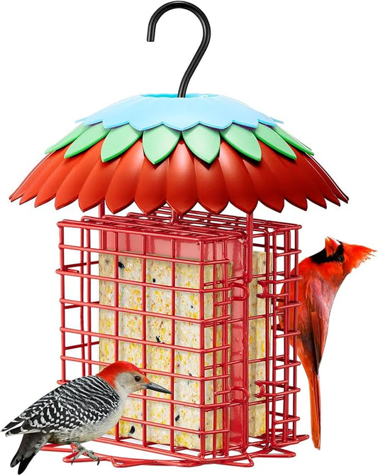 Suet Feeder Double with Weather Guard & Ant Moat, Skaithee Bird Feeders for Outdoors Hanging with 2 Holders Keep Cakes Clean & Fresh Attracts Wild Birds Great for Woodpecker & Clinging Birds, Red-VerdiqueGarden