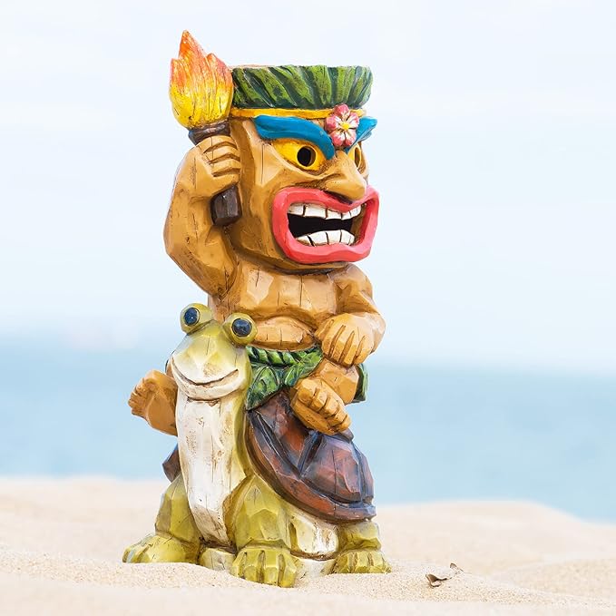 Solar Tiki Statue Light-Garden Turtles Outdoor Decor - Tiki Man Riding Turtle with Tiki Torch Solar Light for Tiki Bar Decorations, Patio, Balcony, Yard,Lawn,Gifts-VerdiqueGarden
