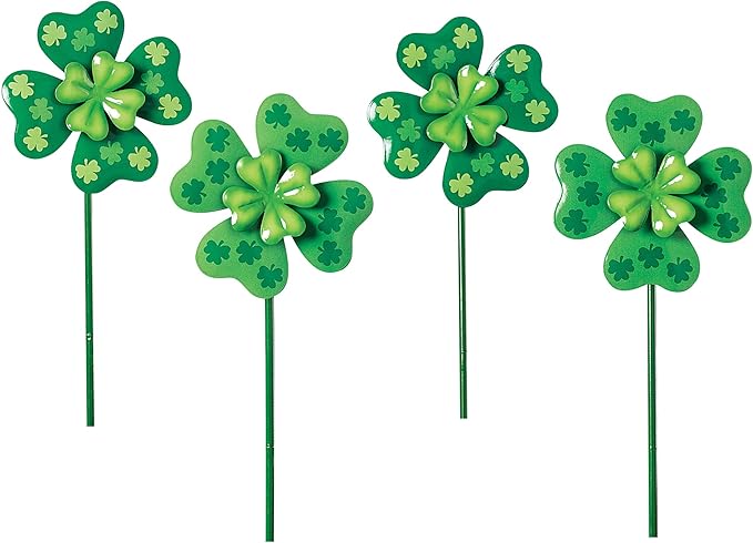 Collections Etc Set of 4 Shamrock Spinner Outdoor Garden Stakes-VerdiqueGarden