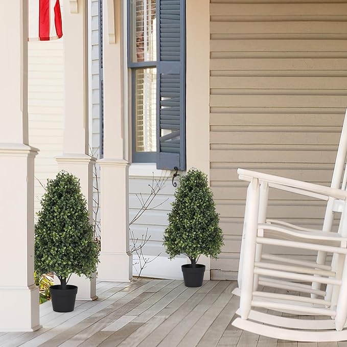 30" Boxwood Topiary Trees Artificial Outdoor Set of 2, UV Resistant Faux Plants for Front Porch Planters, Realistic Cone-Shaped Fake Bushes & Shrubs, 2.5ft Evergreen Decoration-VerdiqueGarden