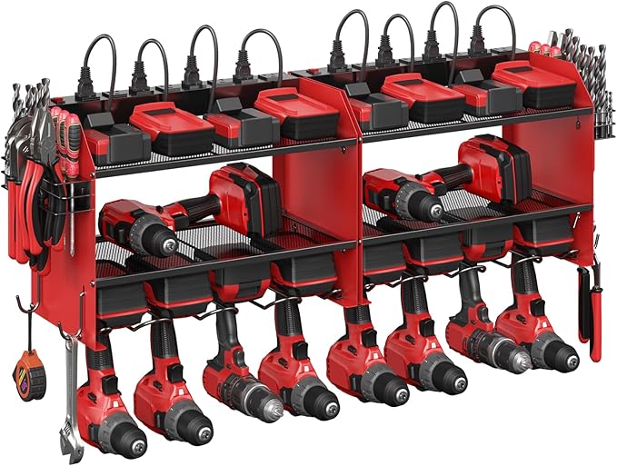 CCCEI Set Power Tool Organizer Wall Mount with Charging Station. Garage 8 Drills Storage Shelf with Hooks, Screwdriver, Drill Bit Heavy Duty Rack, Tool Battery Holder Built in 8 Outlet Power Strip.-VerdiqueGarden