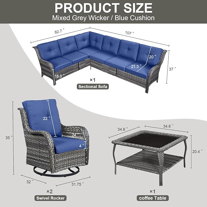 Outdoor Furniture Sectional Sofa L Shaped Couch - Patio Wicker Set with 2 Swivel Glider Chairs, 5 Piece Rattan Patio Conversation Sets with Blue Cushion for Deck Backyard Sunroom-VerdiqueGarden