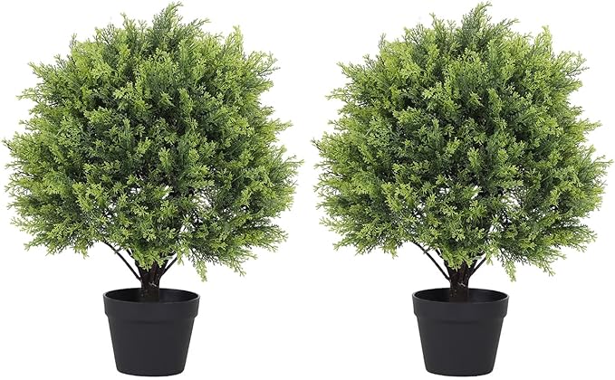 THE BLOOM TIMES 2ft Artificial Topiary Ball Trees Outdoor Set of 2, 24" Tall Faux Cedar Plants Outside UV Resistant Greenery Fake Evergreen Potted Bushes and Shrubs for Front Porch Patio Planter Decor-VerdiqueGarden