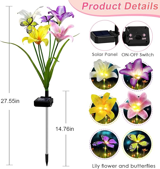 Solar Garden Lights Outdoor, 4 Pack Flower Lights for Outside, 16 Solar Lilies with Butterflies, Waterproof Garden Decor for Yard, Patio, Gifts for Women Mom (4 pcs Lilies)-VerdiqueGarden