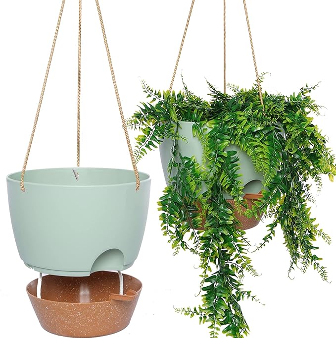 10 Inch Self Watering Hanging Pots, 2 Pack Hanging Planters with 40oZ Deep Reservior for Indoor Outdoor Plants Flowers, Green with Brown-VerdiqueGarden