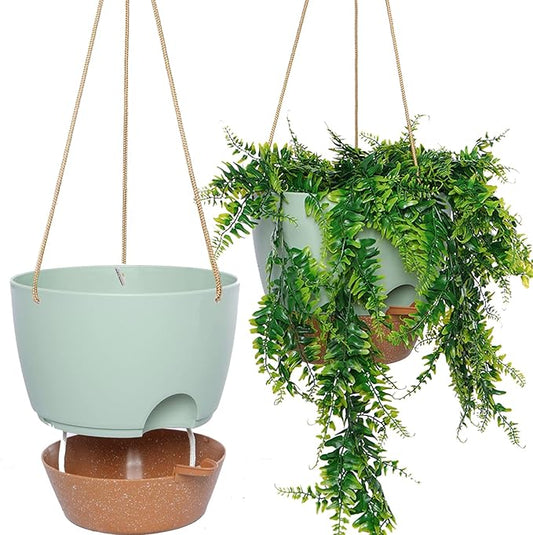 10 Inch Self Watering Hanging Pots, 2 Pack Hanging Planters with 40oZ Deep Reservior for Indoor Outdoor Plants Flowers, Green with Brown-VerdiqueGarden