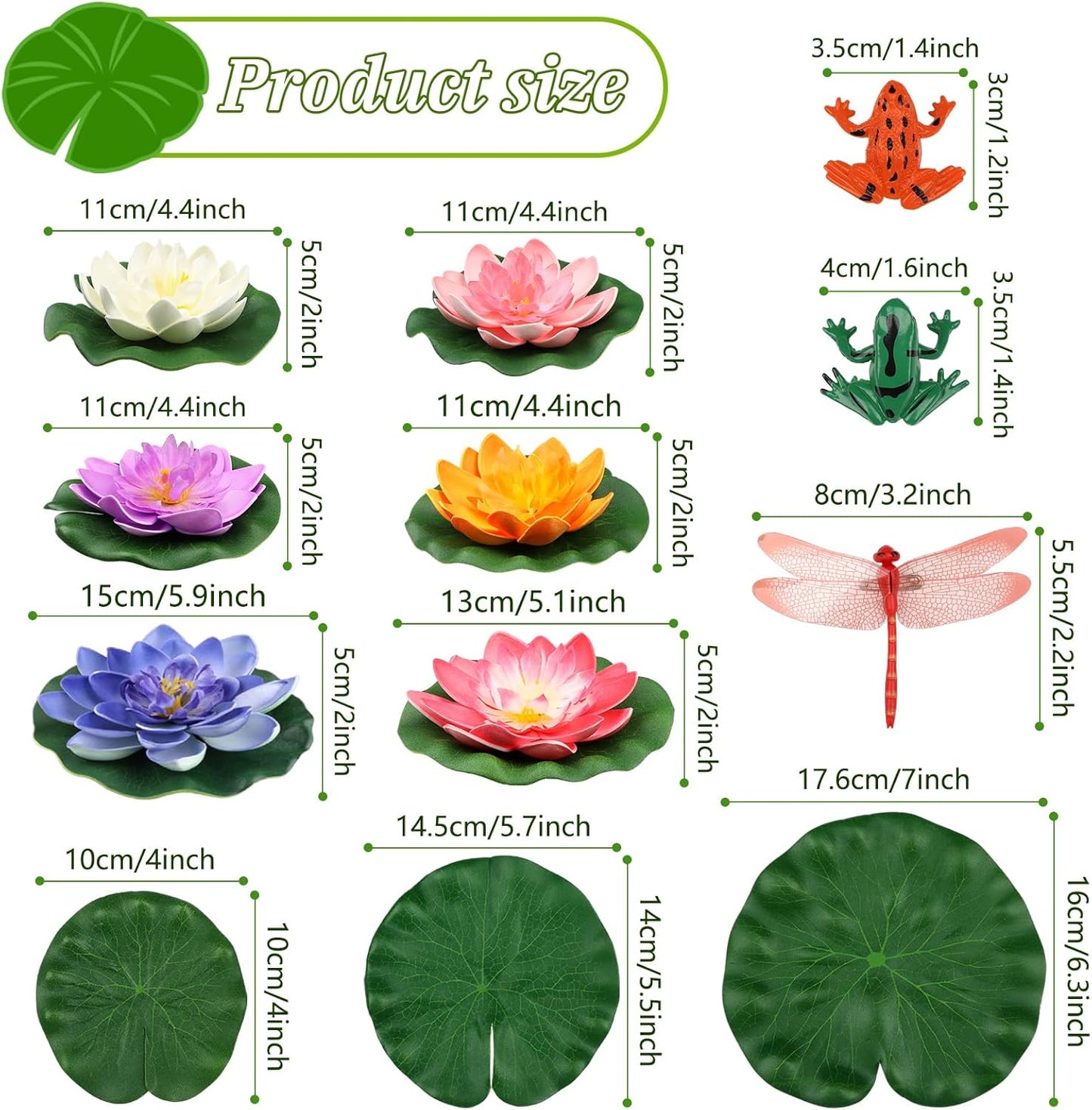 22 Pack Artificial Floating Foam Lotus Flowers with Artificial Frog Lotus Leaves, Lily Pads for Lake, Pond Plants Ornaments for Pool Water Decoration, Colorful-VerdiqueGarden