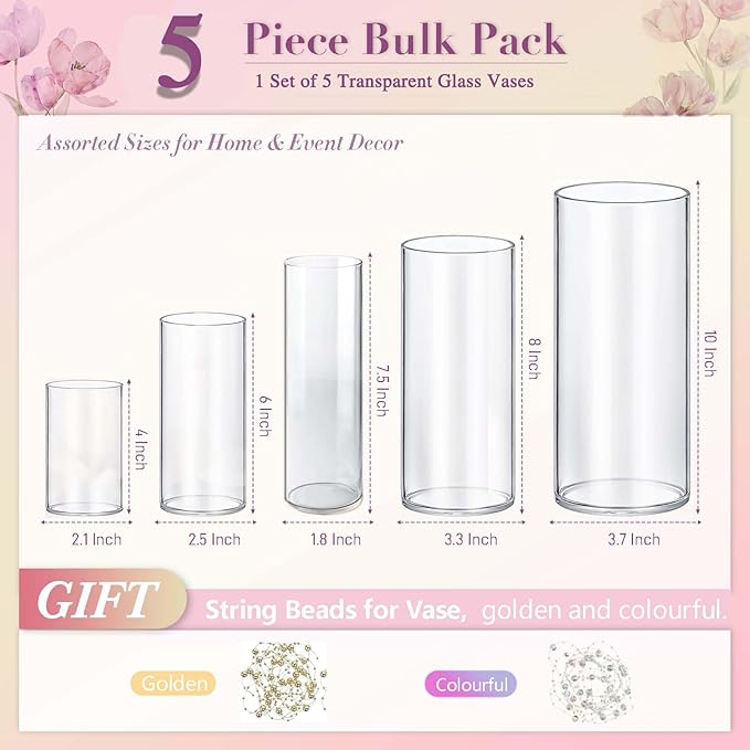 5pcs Glass Vase Cylinder Vases for Centerpieces Small Flower Glass Clear Vases Home Decor Centerpiece Table Flower Vase Decorations for Wedding Decoration＆Holiday Mixed Sizes Tall-VerdiqueGarden