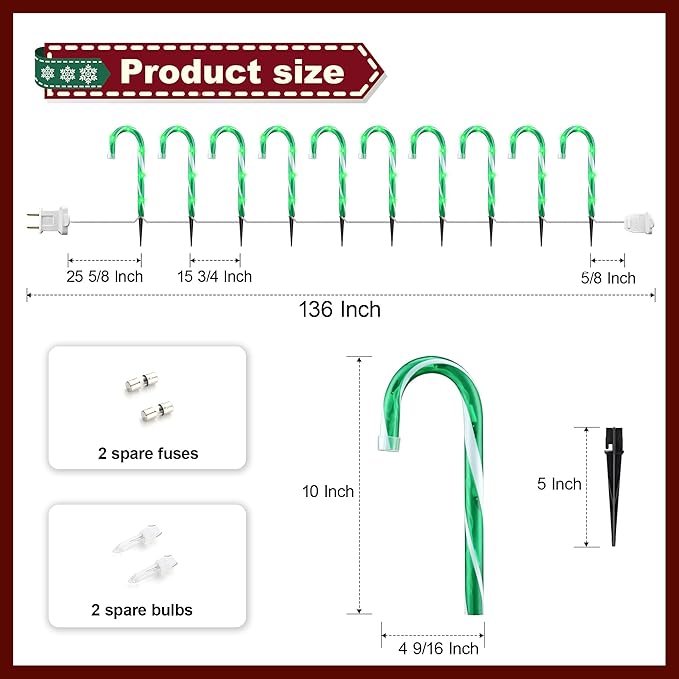 10" 10 Pack Christmas Candy Cane Lights, Candy Cane Lights with 10 Stakes for Walkway Patio Yard Patio Garden Festival Holiday Outdoor Indoor Landscape Path, Christmas Decorations Outside, Green-VerdiqueGarden