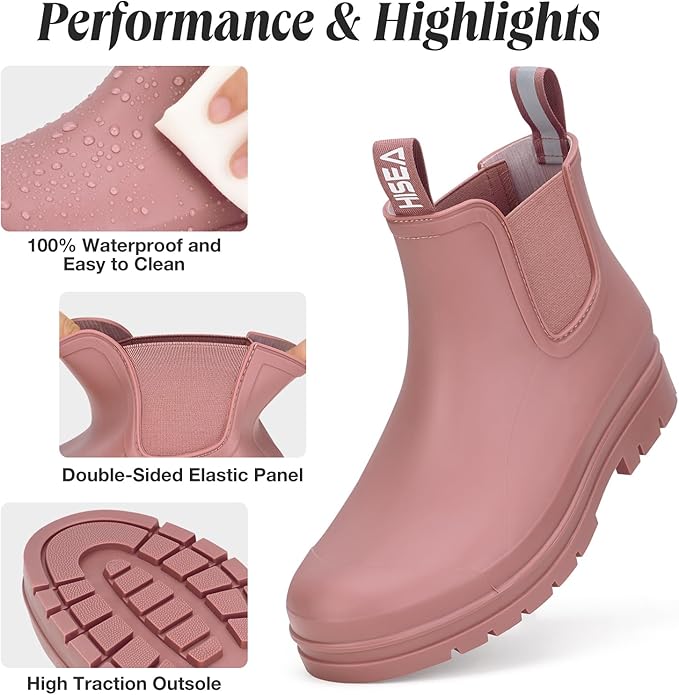 HISEA Women's Short Rain Boots Waterproof Garden Shoes Rubber Chelsea Boots Anti-Slipping Rainboots for Ladies with Comfort Insole Lightweight Stylish Ankle Rain Shoes Outdoor Work Booties-VerdiqueGarden