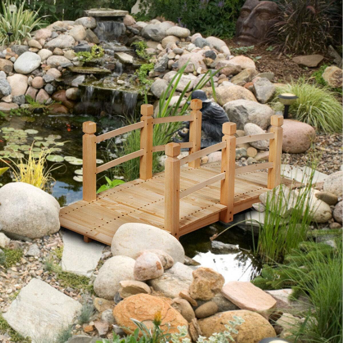 HAPPYGRILL Wooden Bridge, Natural Wood Garden Bridge with Guardrails, Outdoor Pond Bridge for Garden Backyard Decoration 5FT-VerdiqueGarden
