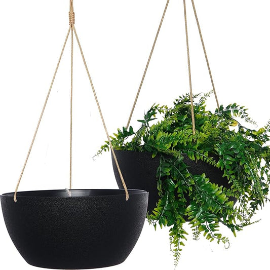 12 Inch 2 Pack Large Hanging Planters for Indoor Outdoor Plants, Plastic Hanging Basket Pots for House Plants Flowers, Black-VerdiqueGarden