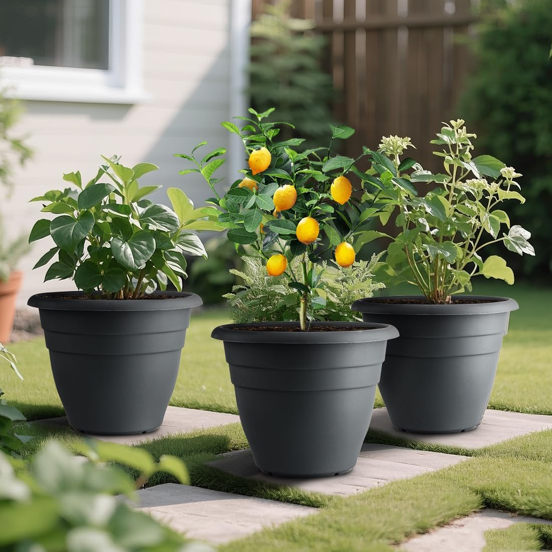 12 Inch Plant Pots, Large Planters for Outdoor Plants, Plastic Flower Pots - Durable and Lightweight with Drainage Holes (3 Packs, Gray)-VerdiqueGarden
