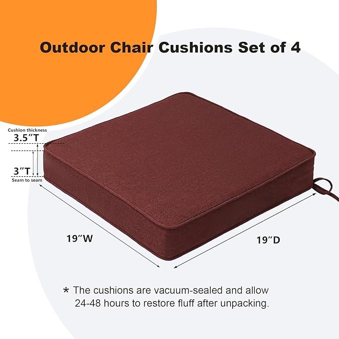 Sunbrella Square Corner Seat Cushions, 19" x 19" x 3", Set of 4, Indoor Outdoor Water Repellent Universal Chair Pads with Ties for Patio Furniture, Garden Dining Chairs, Spectrum Brick-VerdiqueGarden
