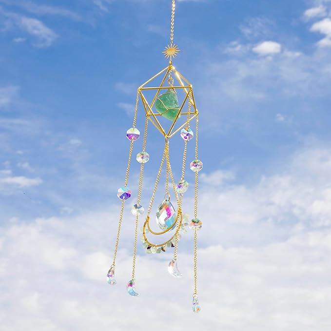 Crystal Suncatchers for Windows, Green Fluorite Gemstone Sun Catcher Hanging, Spiritual, Rainbow Maker, Crystal Boho Decor Indoor Outdoor, Natural Stone (Green Fluorite)-VerdiqueGarden