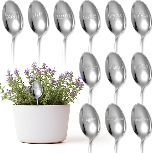 Bucherry 12 Pcs Metal Plant Label Signs, Spoon Shape Planted Herb Markers Garden Labels with Herb Names for Nursery Indoor Outdoor Garden Decoration, Stainless Steel, 12 Styles, 6.8" x 1.4"-VerdiqueGarden