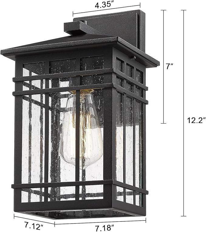 Outdoor Wall Lantern, Exterior Light Fixture Mount, 1-Light Waterproof Lighting With Seeded Glass for Porch, Garage, Patio, Hallway, Entryway, Black-VerdiqueGarden