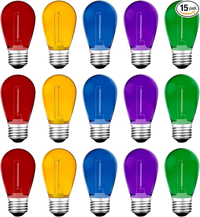 Meconard 15Pack S14 Colored LED String Light Bulbs,1 Watt Plastic Shatterproof Waterproof Outdoor Indoor Replacement Bulbs for Home Decor, E26 Medium Base, Multi-Color: Red/Green/Blue/Orange/Purple-VerdiqueGarden