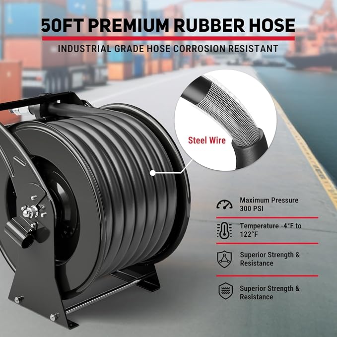 Retractable Fuel Hose Reel 1" x 50' with Fueling Nozzle, 300 PSI Heavy Duty Steel Construction Industrial Auto Swivel Spring Driven Diesel Hose Reel for Aircraft Ship Vehicle Tank Truck, Black-VerdiqueGarden