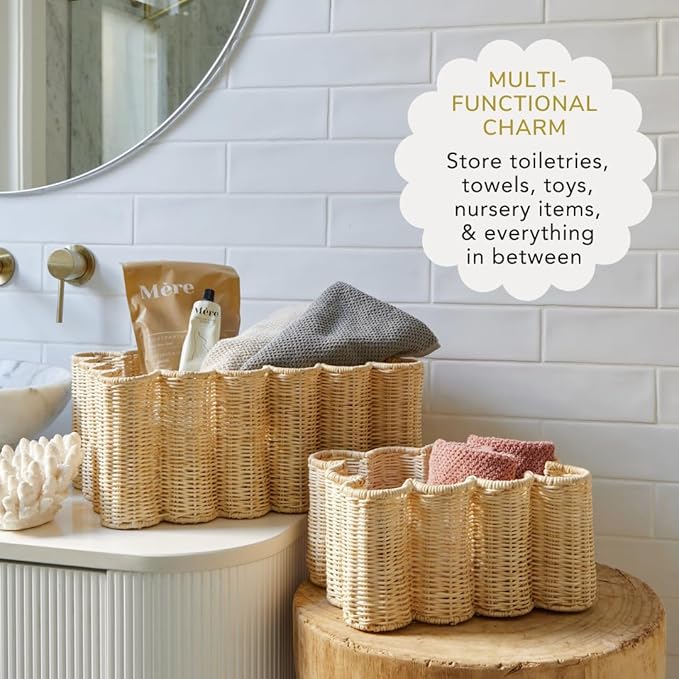 BEBE BASK Unique Wavy Scalloped Basket Set Of 2 - Scallop Basket - 16 x 10 x 7 In - Hand-Woven Elegant Wicker With Scalloped Edge Lid - Nursery Storage - (Earthy)-VerdiqueGarden