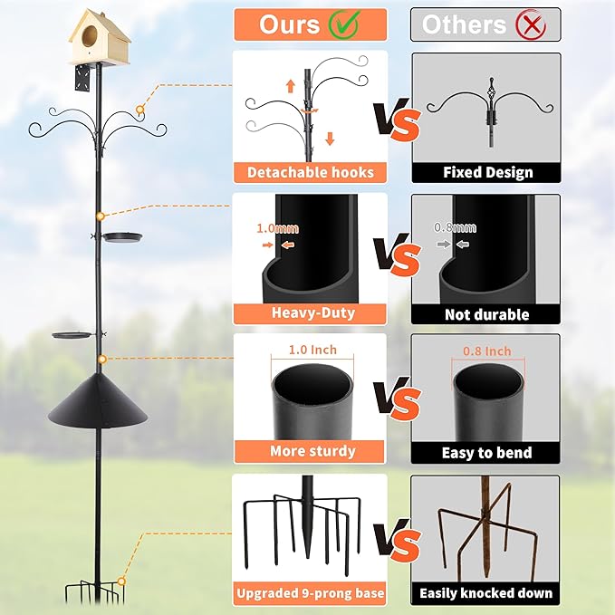 eWonLife 92 Inch Bird Feeder Pole with Squirrel Baffle & Upgraded 9-Prong Base, Adjustable Bird House Pole for Outdoors Heavy Duty, Bird Feeder Stand Post Station with 4 Shepherd Hooks, Birdbath, Tray-VerdiqueGarden