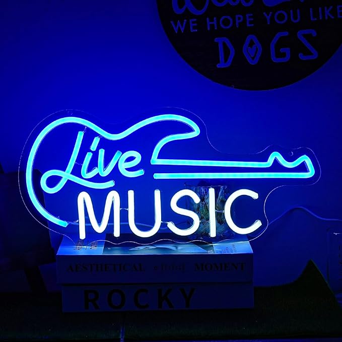 Guitar Neon Sign Blue White Live Music for Wall Decor Dimmable Guitar Led Light up Sign Letter Neon Signs Art Decorative Lights for Music Studio Live Streams Nightclub-VerdiqueGarden