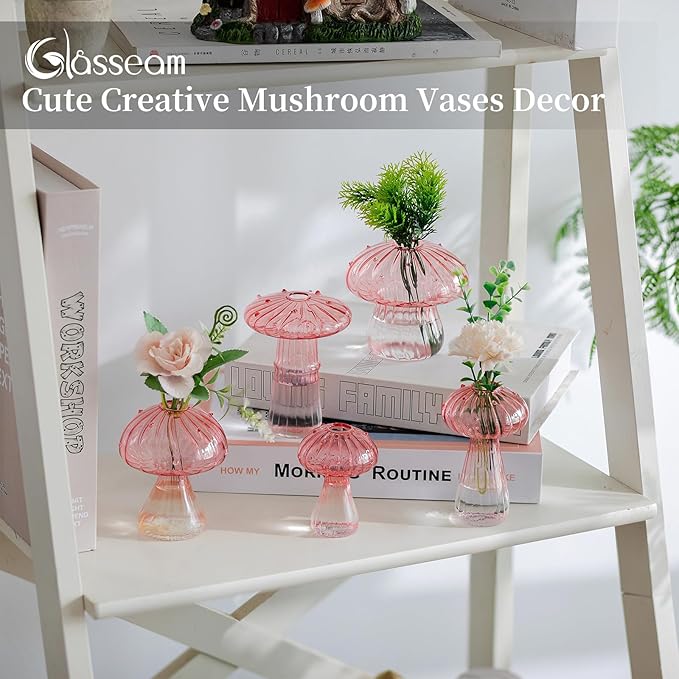 Glasseam Mushroom Plant Propagation Stations: Pink Glass Terrarium Jar Set of 10 Cute Planters for Indoor Plants Mini Propagate Station Unique Christmas Birthday Gifts for Women Home Office Decor-VerdiqueGarden