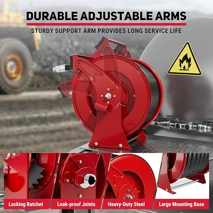 Retractable Diesel Fuel Hose Reel - 1 inch x 33ft Spring Driven Auto Swivel Rewind Hose Holder Reel with Fueling Nozzle, 300 PSI Industrial Steel for Aircraft Ship Vehicle Tank Truck, Red-VerdiqueGarden