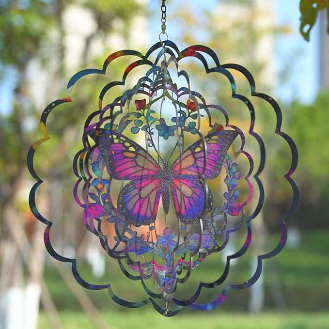 Wind Spinners Metal Butterfly - Butterfly Gifts for Women Mom Grandma Wife, Hanging Wind Spinner for Outdoor & Indoor Decorations, 12 inch 3D Wind Spinner for Ornament Gifts-VerdiqueGarden
