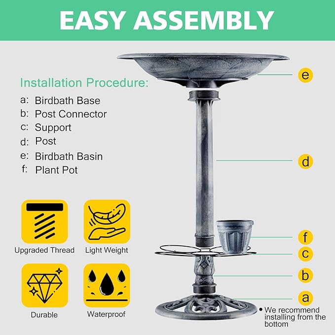 Bird Bath for Outside with 4 Removable Flower Planters 28in Polyresin Lightweight Vintage Birdbath for Outdoors Stake Standing Bowl and Water Feeder Yard Garden Decor Gray-VerdiqueGarden