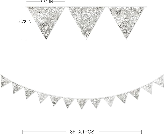 Pinkblume Double Sided Sequin Fabric Triangle Pennant Banner Flag Bunting Garland for Silver Theme Nursery Classroom Home Bedroom Wall Holiday Christmas Decor-VerdiqueGarden