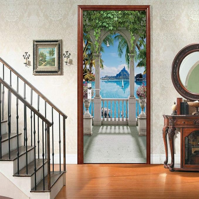 3D Door Stickers Murals - Landscape - Peel and Stick - Waterproof & Washable - Matt Finish - Modern Style - White - 34.6" x 78.7" - 2 Pieces-VerdiqueGarden