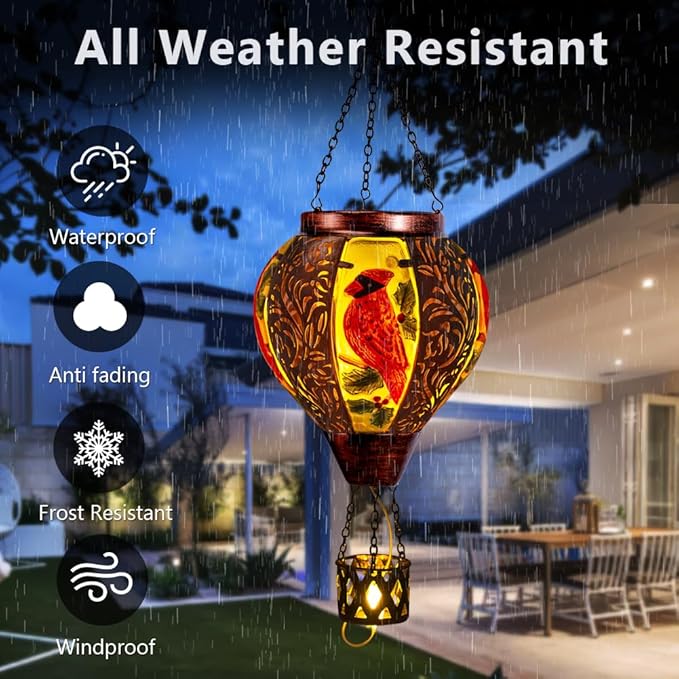 Starsoul Cardinal Hot Air Balloon Solar Lantern with Flame Candle, Hanging Hot Air Balloon Outdoor Solar Lanetrns Waterproof for Garden Patio Yard, Mother's Day Xmas Christmas Woman Gifts-VerdiqueGarden