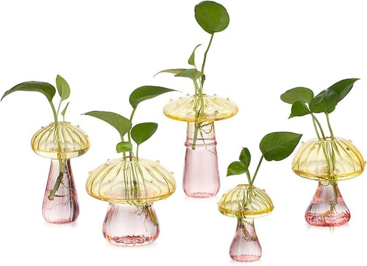 Glasseam Mushroom Plant Propagation Stations: Colored Glass Terrarium Jar Set of 5 Cute Planters for Indoor Plants Mini Propagate Station Unique Christmas Birthday Gifts for Women Home Office Decor-VerdiqueGarden