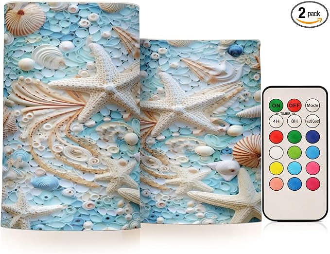 Flickering Flameless Candles, Starfish Seashell LED Candles with Remote Timer, Set of 2 Battery Operated Candle for Valentine Wedding Birthday-VerdiqueGarden