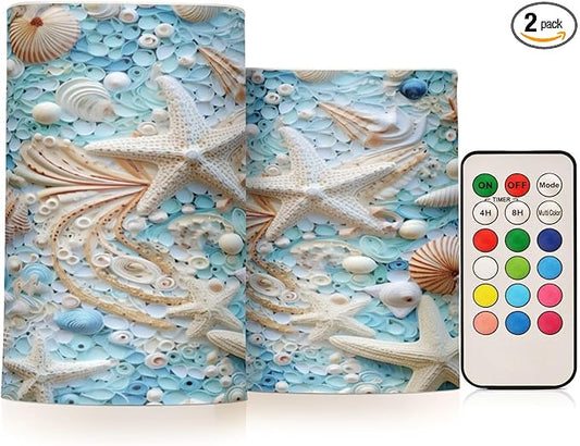 Flickering Flameless Candles, Starfish Seashell LED Candles with Remote Timer, Set of 2 Battery Operated Candle for Valentine Wedding Birthday-VerdiqueGarden
