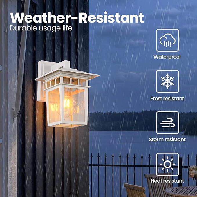 Outdoor Wall Lantern, Exterior Lighting Fixtures Wall Mount, 2 Pack White Outdoor Sconces with Seeded Glass, Exterior Porch/Patio Lights for House Front Door Garage-VerdiqueGarden