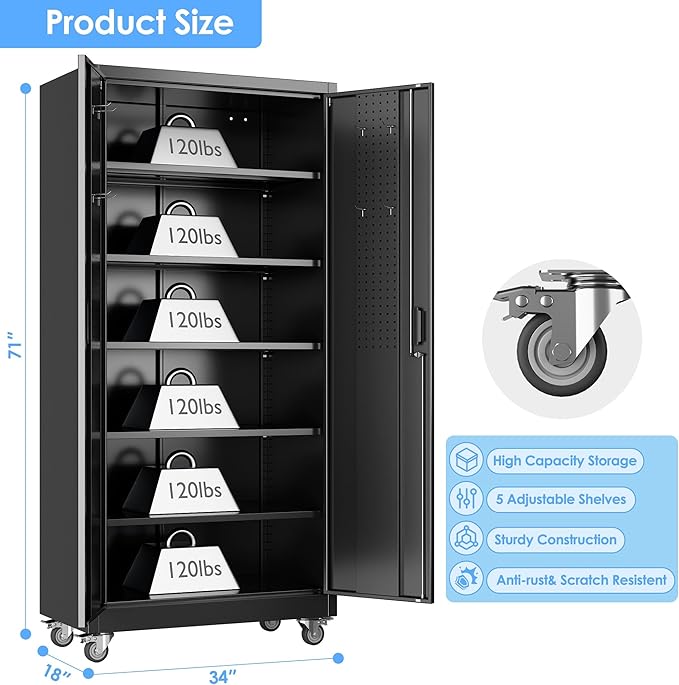 71" H×34" W×18" D Metal Garage Storage Cabinet with Wheels & Pegboard, Lockable Metal Storage Cabinets with 2 Doors&5 Adjustable Shelves for Garage&Home,Assembly Required,Black-VerdiqueGarden