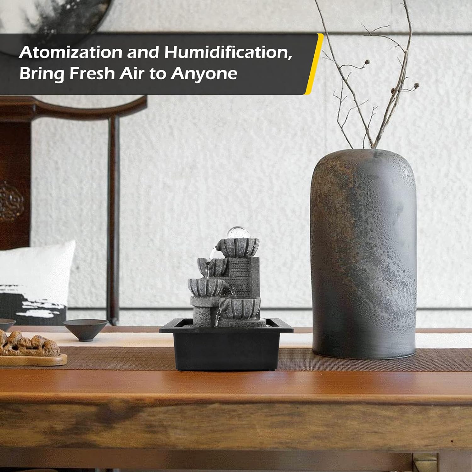 Dyna-Living Water Fountains Indoor Tabletop Water Fountain with LED Rolling Ball Feng Shui Waterfall Fountain for Modern Home Decor Office Living Room Decoration-VerdiqueGarden