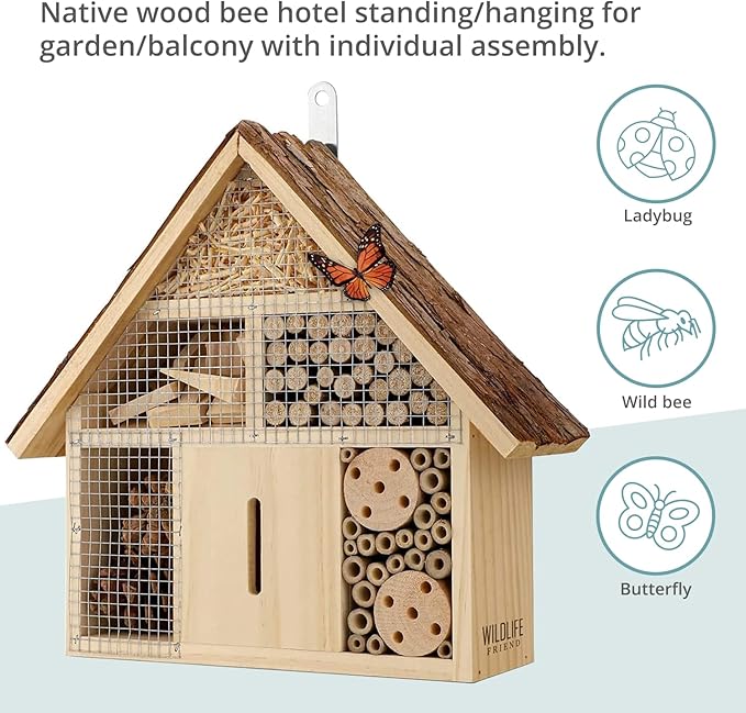 Small Insect Hotel with Bark Roof - Untreated Natural Wood Insect House for Bees, Ladybugs, Lacewings & Butterflies - Nesting Aid for Hanging, Bee Hotel-VerdiqueGarden