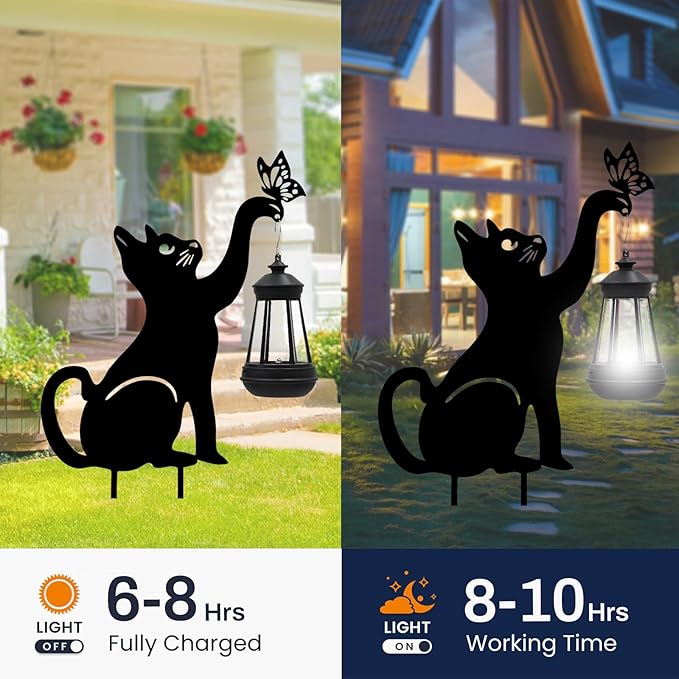 Solar Lights Outdoor Garden Decor - Black Cat Figurine Light Stake with Butterfly Decorative Metal Housewarming Ornament for Yard Pathway Lawn Patio – Unique Gift Ideas for Christmas-VerdiqueGarden