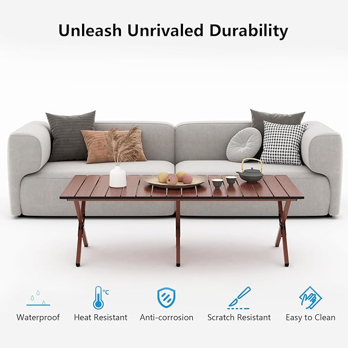 Folding Camping Table, 48Inch Lightweight Roll-Up Table Aluminum Low Portable Picnic Table with Carrying Bag for Outdoor, Beach, Picnic, Backyards, BBQ and Party Walnut Color-VerdiqueGarden