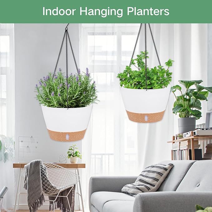QCQHDU 2 Pack 10 inch Hanging Planters for Indoor Plants, Outdoor Hanging Baskets, Self Watering Pots with Drainage Holes & Removable Tray (White, 10 inch)-VerdiqueGarden