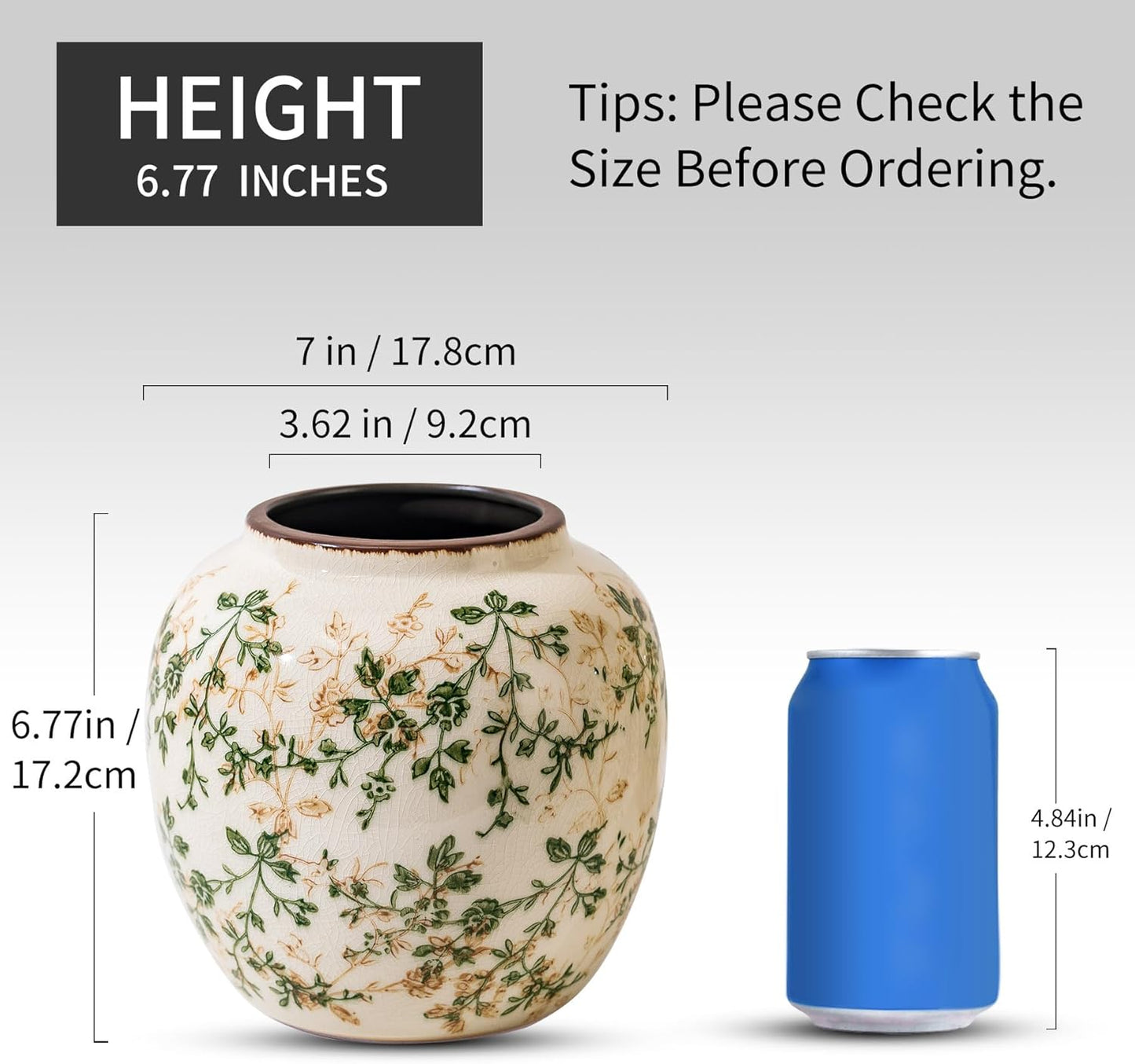 Vintage Green and Beige Round Pastoral Vase, Round Ceramic Floral Vases, Retro Ice Cracked Chinoiserie Vase for Home Decor, Living Room, Bookshelf, Office, Rustic Table Centerpiece 6.7 Inch-VerdiqueGarden