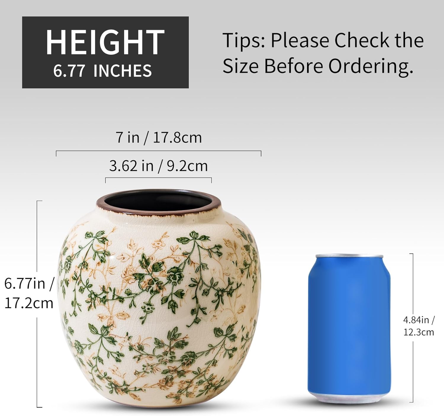 Vintage Green and Beige Round Pastoral Vase, Round Ceramic Floral Vases, Retro Ice Cracked Chinoiserie Vase for Home Decor, Living Room, Bookshelf, Office, Rustic Table Centerpiece 6.7 Inch-VerdiqueGarden