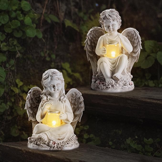2 Pack Outdoor Angel Statue Garden Decor, Classic Solar Angel Figurine Decoration for Yard Art Indoor Porch Home Lawn Outside Light up Cherub Sculpture Guardian Wings Memorial Gifts-VerdiqueGarden