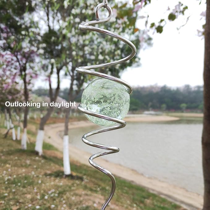 FONMY Gazing Ball Stainless Steel Spiral Tail-Decorative Wind Spinner with Glow Glass Ball, with Hanging Swivel Hook, Indoor Outdoor Decoration Silver Glow -13 inch Height-VerdiqueGarden